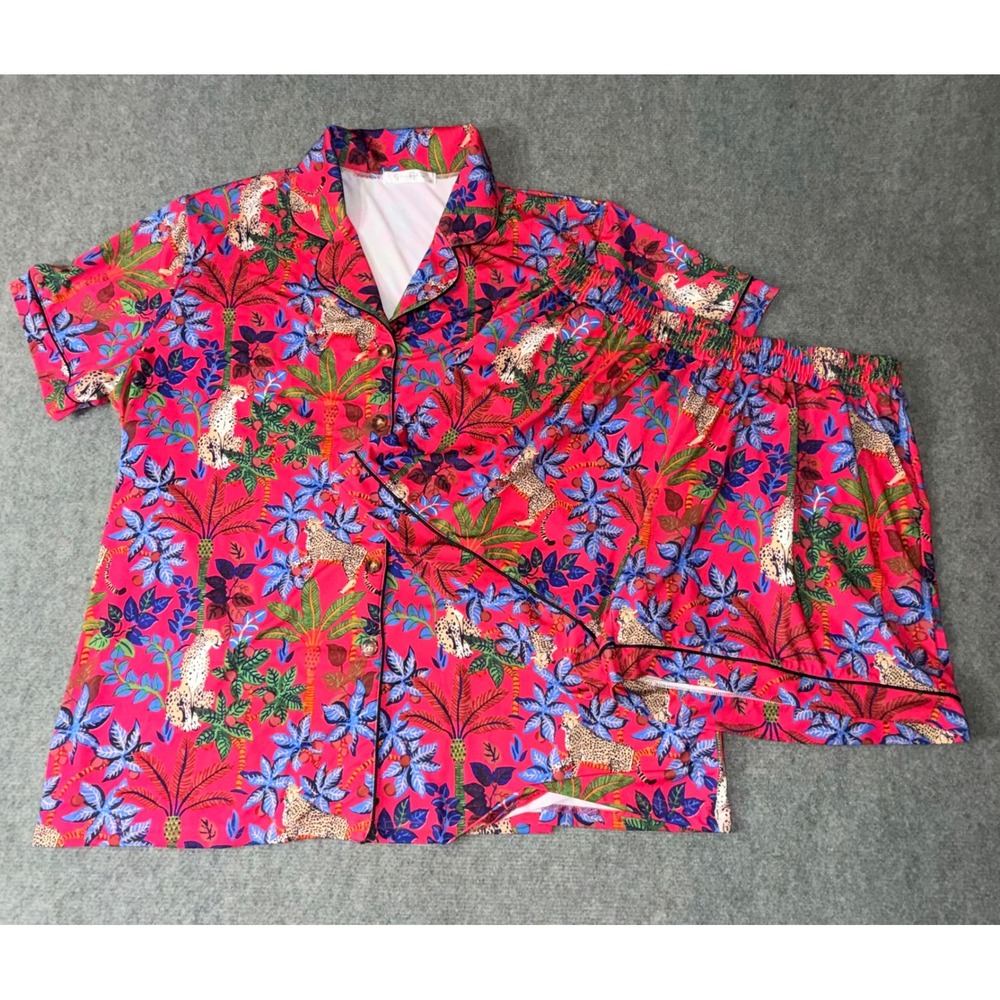 Moon Ryder Pajama Set Womens 2X Pink Leopard Tropical Jungle Print Loungewear